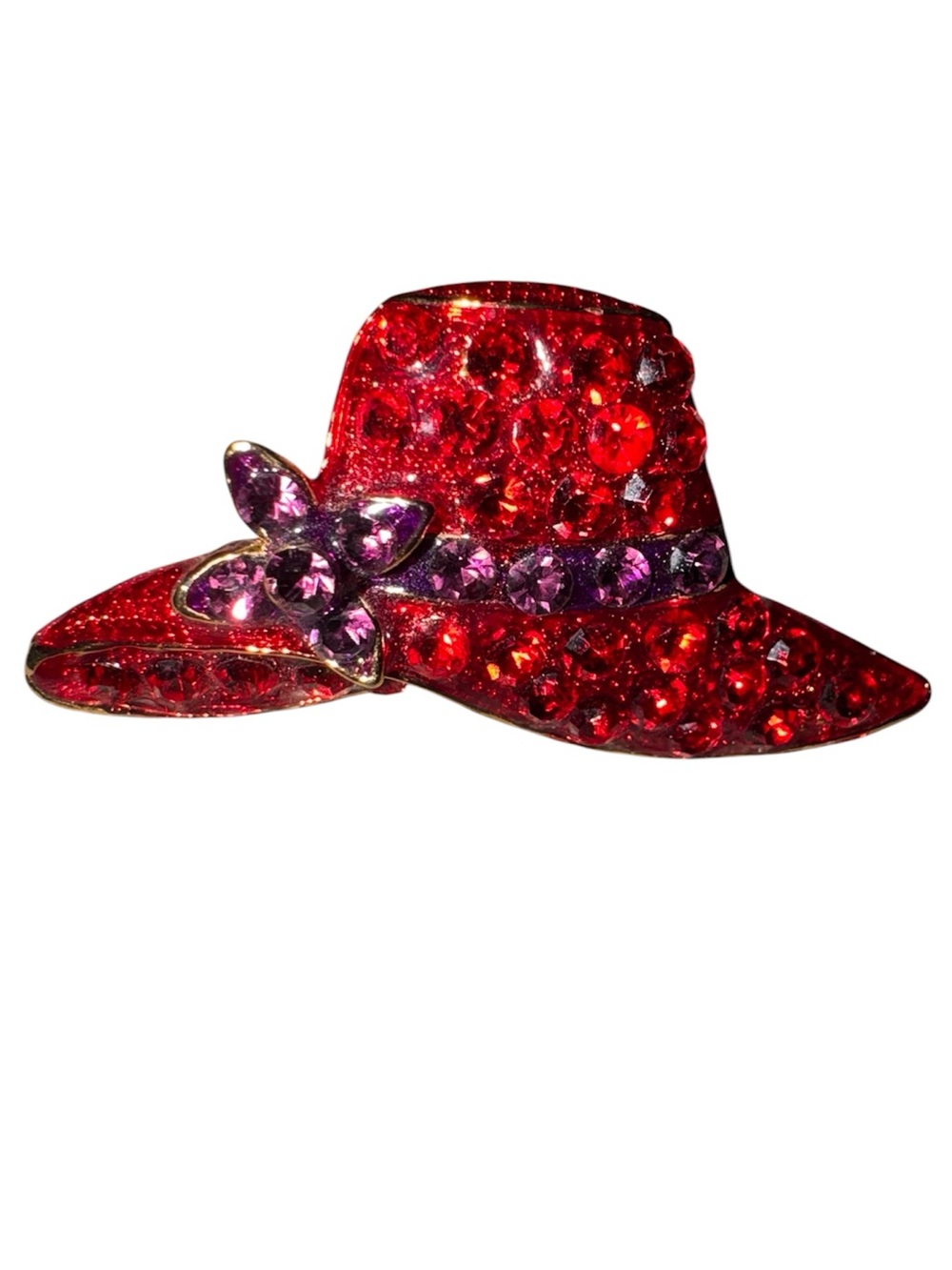 Red Hat Rhinestone Brooch with Purple Accent Stones, Vintage